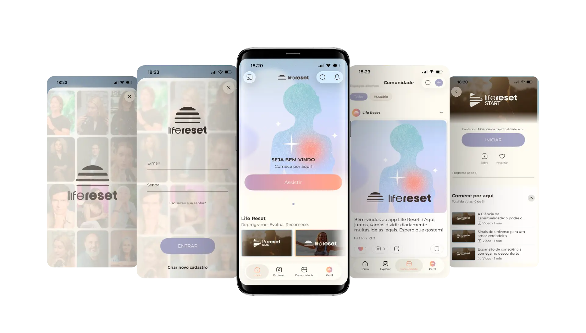 Telas do novo aplicativo Life Reset: acesso, início, comunidade e programas