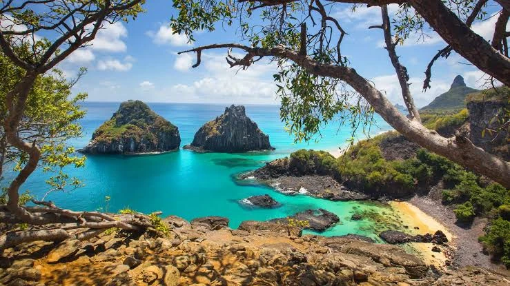 Paisagem de Noronha emoldurada pelas árvores do mirante